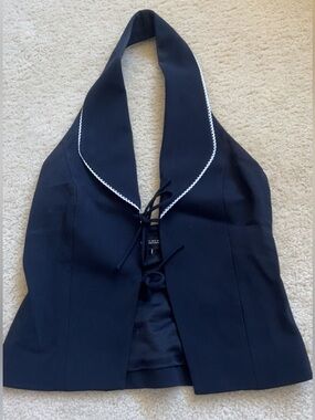 Zara Navy Halter Top with White Piping and Front Tie